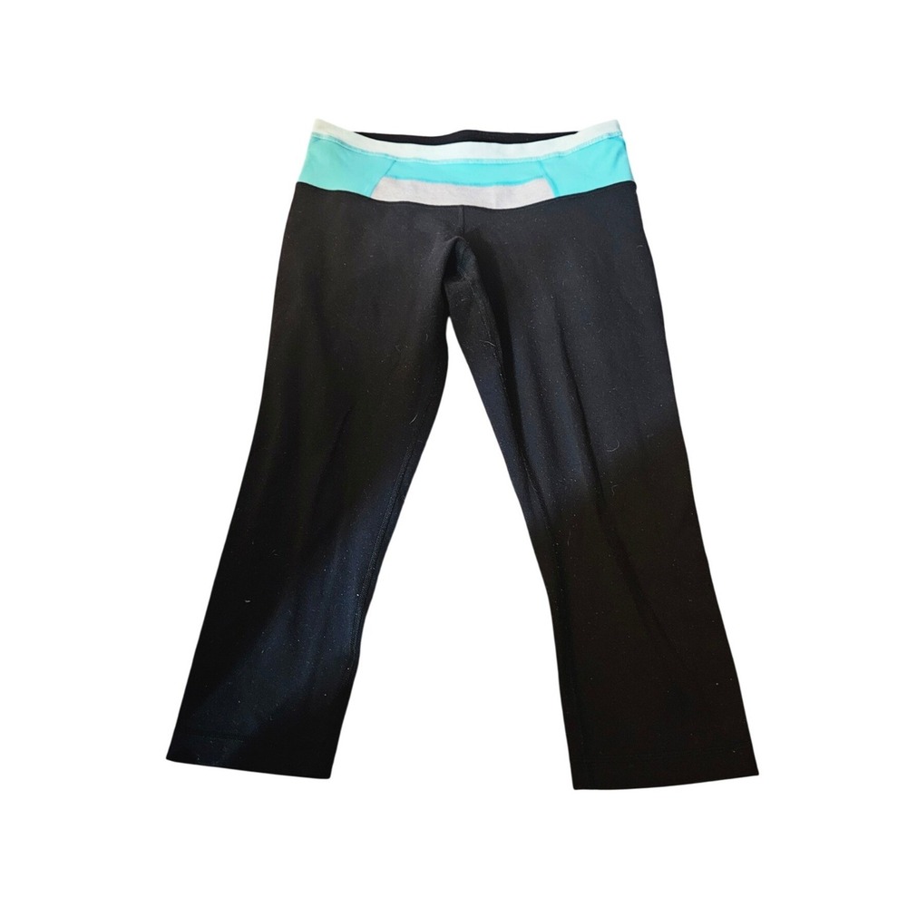 Lululemon Black Teal Striped Reversible Waistband Crop Yoga Pants Womens Size 8‎